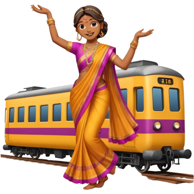 An Indian woman dancer dancing on top of a running train. emoji