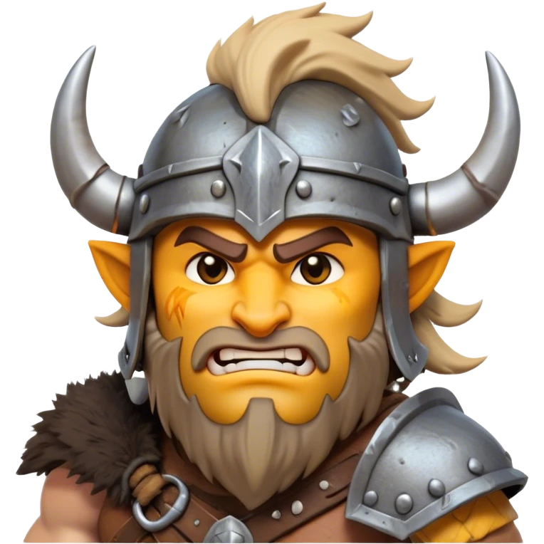 Clash of Clans aesthetic: Cinematic Fierce Barbarian Portrait Emoji, Poised and bold with a rugged yet cartoonish build in tattered furs and a horned helmet, expressive bright eyes and a confident smirk, Simplified yet dynamic features, highly detailed, glowing with a vivid, adventurous aura, high shine, heroic and spirited, stylized with an air of medieval warrior charm, focused and energetic, soft glowing outline, capturing the essence of a fearless barbarian adventurer ready to lead his clan with spirited valor! emoji