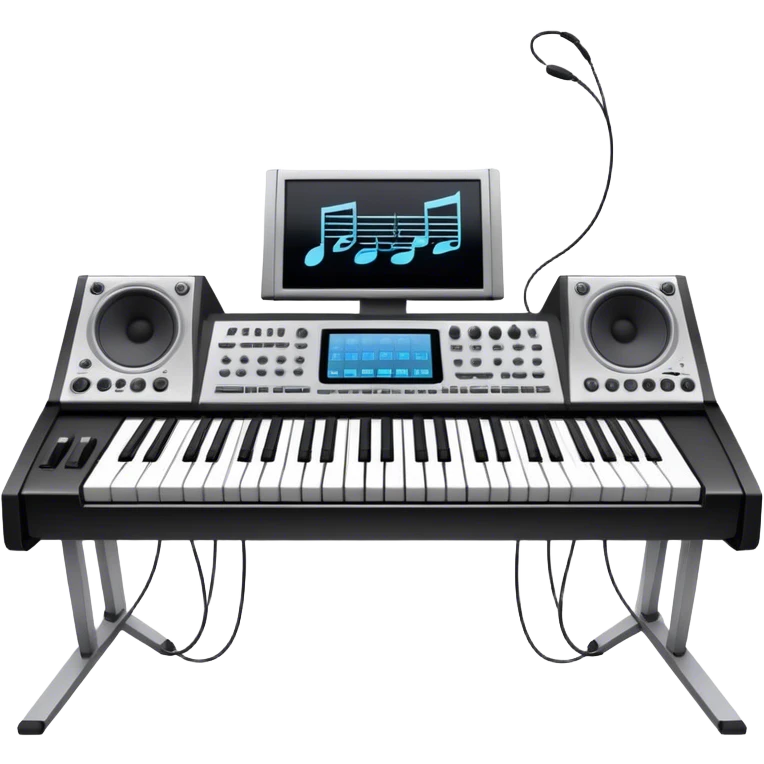 Create a professional and artistic emoji that represents writing music tracks. The design should feature a large monitor displaying musical notes or a score, positioned in front of a professional Korg synthesizer. Add elements like studio headphones, a MIDI keyboard, and an audio interface to symbolize the tools used in music production. Use sleek, modern colors like silver, black, and neon accents to convey the professional environment of music composition. The background should be transparent. emoji