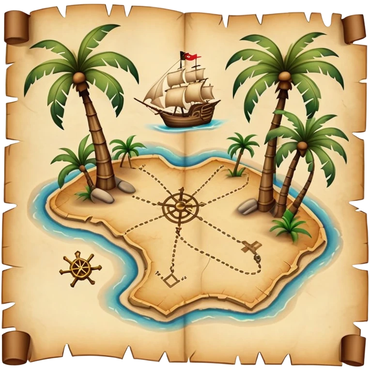 A detailed pirate treasure map with dotted paths, palm trees, and X marks the spot emoji