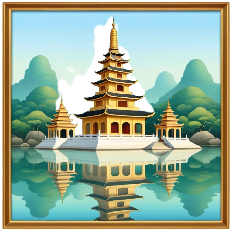 Cinematic Realistic Tran Quoc Pagoda Landmark Emoji, depicted with an ancient pagoda set on tranquil waters rendered with delicate textures and serene, reflective lighting. emoji