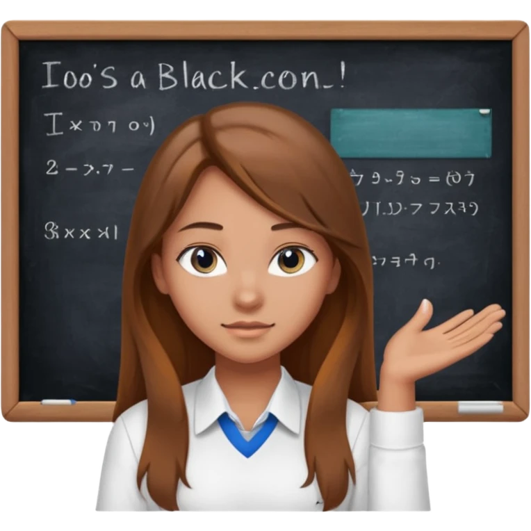 high school class room with a pretty female high school student with long brown hair, blue eyes sitting in front of the blackboard emoji