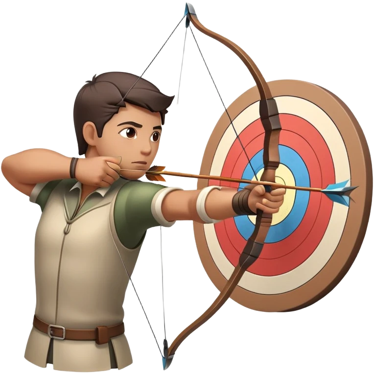 An archer drawing a bow and aiming an arrow at a target, with perfect focus and precision. The target is visible in the background, featuring concentric rings. The scene captures the concentration and skill involved in archery, emphasizing the elegance and accuracy of the sport. emoji