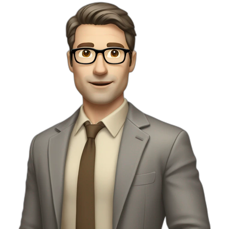 Full height Actively Gesturing Pale skinned fit man with dark brown hair in gray jacket, beige office shirt, brown tie, brown pants and vintage glasses. emoji