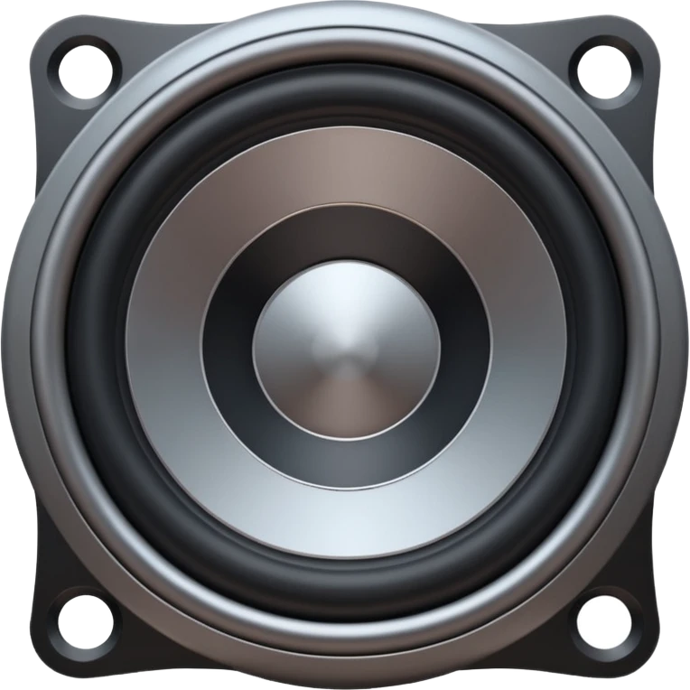 Minimal emoji icon of a modern metallic speaker, front view, detailed geometry, dark metallic body, subtle highlights, isolated emoji