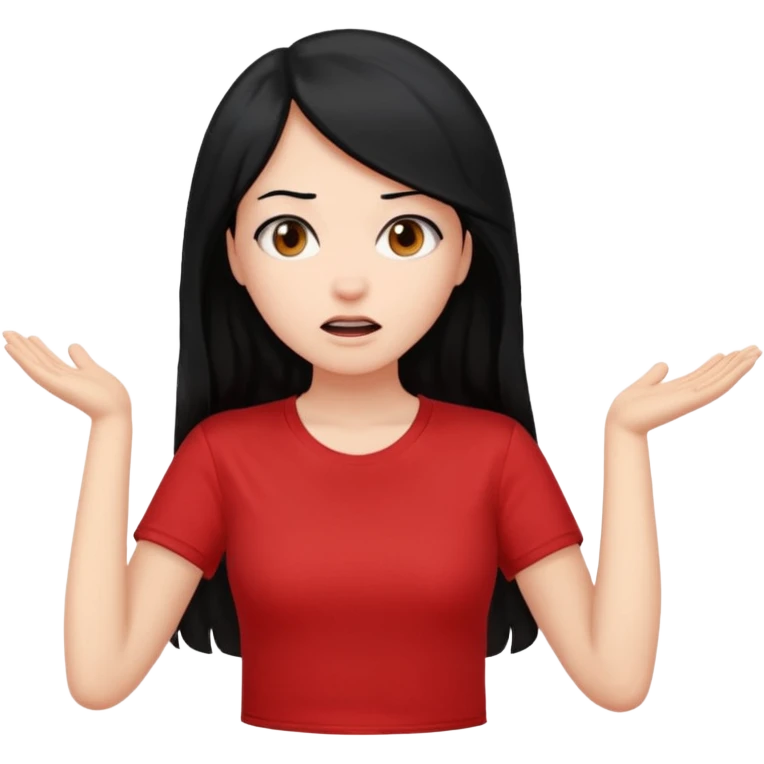 빨간색 티셔츠를 입고 긴 검정머리를 가진 여성이 모르겠다는 듯이 어깨를 올리고 고개를 살짝 왼쪽으로 틀고 왜?라는 제스처를 하고있음 🤷🏻‍♀️ emoji