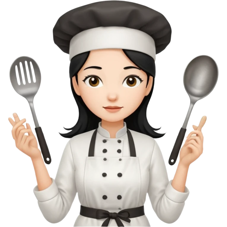 조리도구 든 대사관하얀 검정 긴머리 여자요리사 emoji