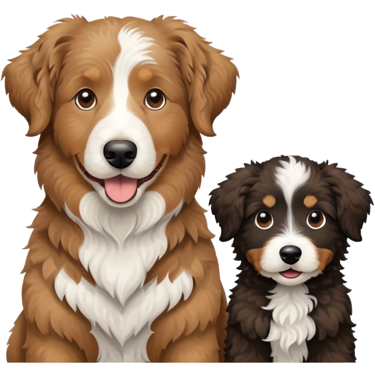 2 dogs, one is a light brown Aussie doodle. the other is a All black Berenedoodle with white eyebrows . Make both same size emoji