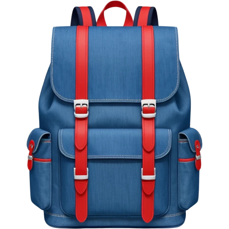 Minimalist emoji-style icon of a stylish blue denim backpack with a flap top, two vertical black buckle straps, a large red-white-navy horizontal block in the center, and two zipper side pockets. Inspired by Tommy Jeans design. Front view, cartoon-like, clean design.

 emoji