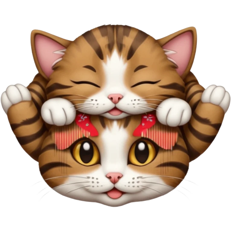 dark brown tabby and white cat in funny positions upside down with eyes closed emoji