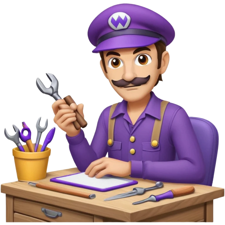 Waluigi building a desk with tools emoji