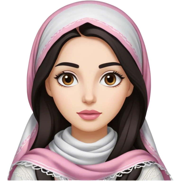 A woman with long, dark hair wears a traditional white keffiyeh, her makeup is well done, with defined eyebrows and soft pink lips  emoji