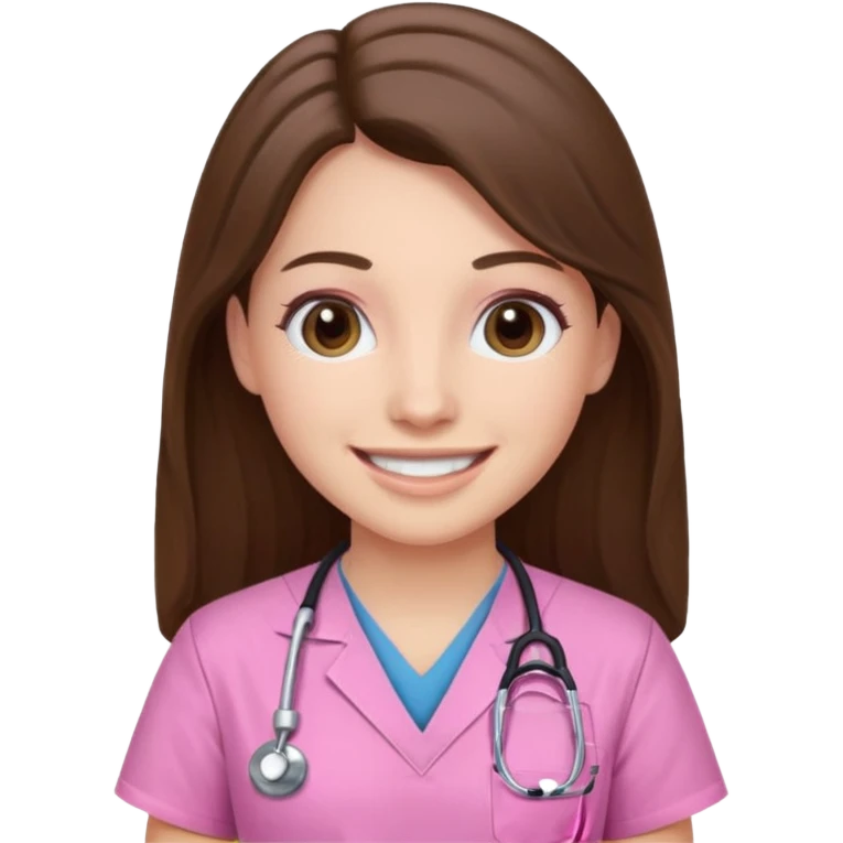 doctor, pink, she, hair brown, eyes black, scrub pink, white skin, longlong hair, smile emoji