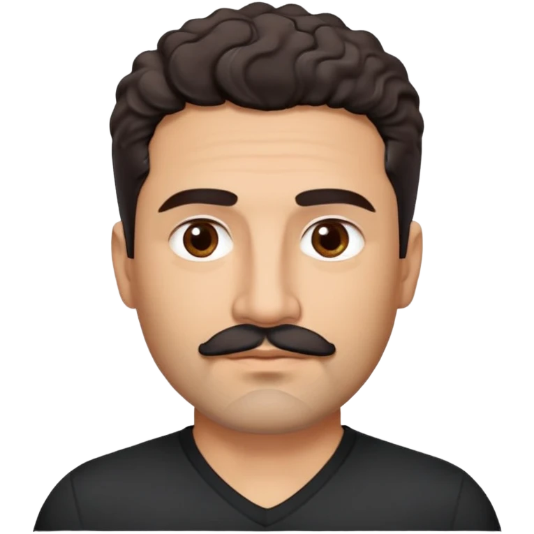 Hispanic man in his 40s with light cinnamon skin. Structured face with defined jawline. Calm brown eyes. Natural thick eyebrows. Connected mustache and chin beard (goatee) in black with a few gray hairs. Short curly dark hair. Wearing a black V-neck t-shirt. emoji