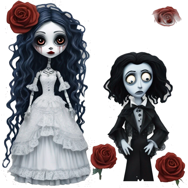 full height, tim burton "corpse bride", porcelain doll with a cracked face, goth makeup watery eyes, long hair, lace and ruffles dress, lolita style, inked, black and white, red roses emoji