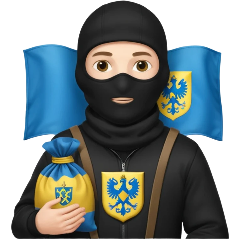 создай белого украинца в черное одежде и черной балаклаве с большим мешком денег с  гербом страны на нем  emoji