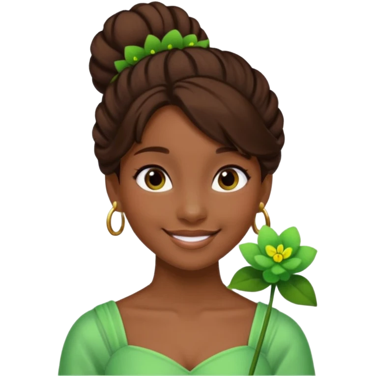 tạo cho tôi emoji tạo hình của công chúa da đen tóc nâu búi tóc 1 bên trên đỉnh đầu, cô ý cài hoa màu xanh lá cây. không đeo khuyên tai emoji