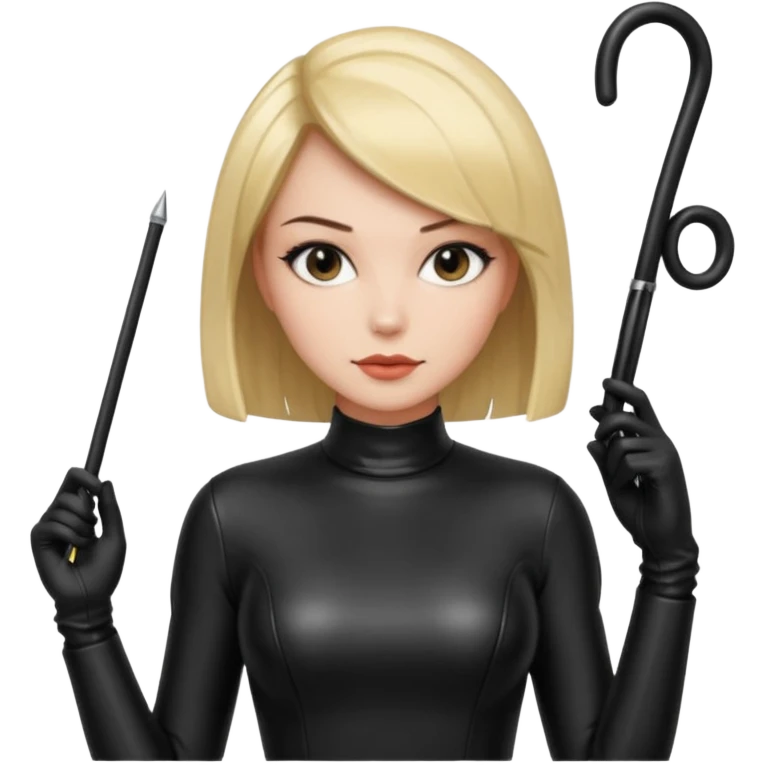 madam with straight bob hairstyle in black latex with whip in hand emoji