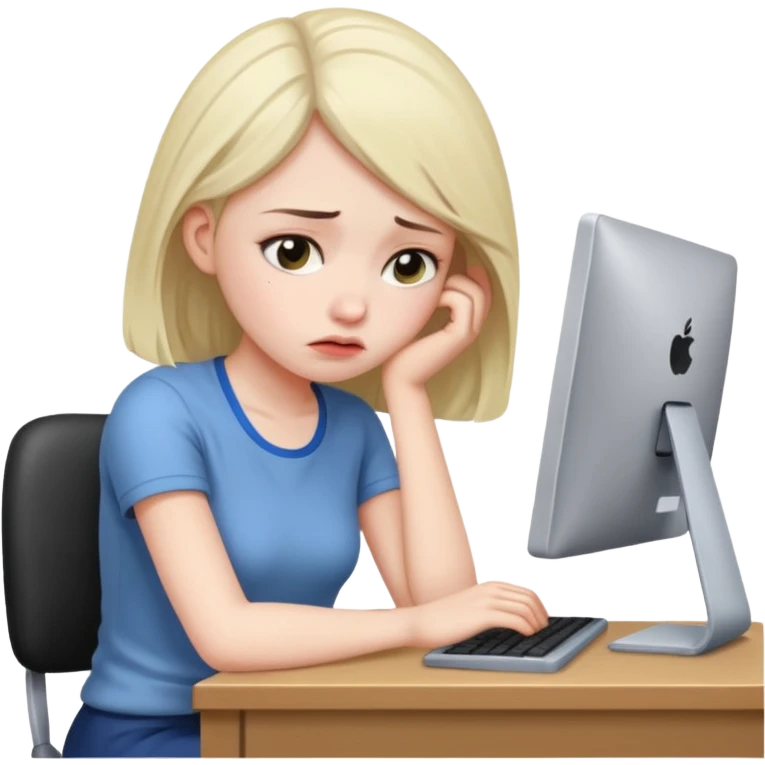 Девушка, которая устала учится и в депрессии, сидя за компьютером  emoji