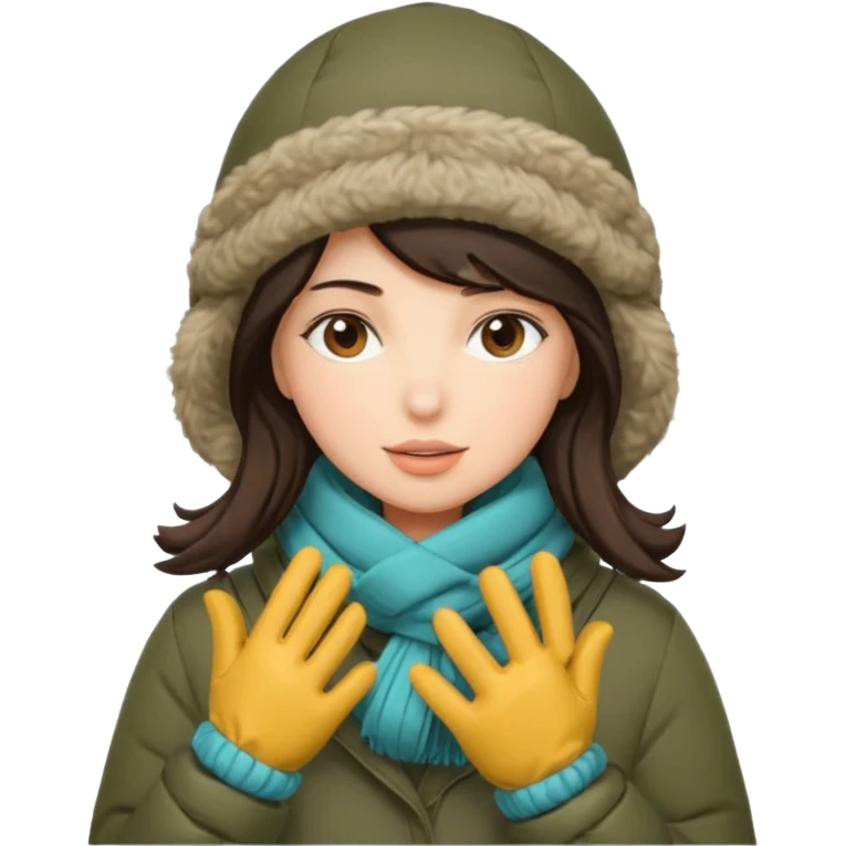 Brunette woman bundled up with parka, hat, scarf, and glvoes. The scarf covers her face  emoji