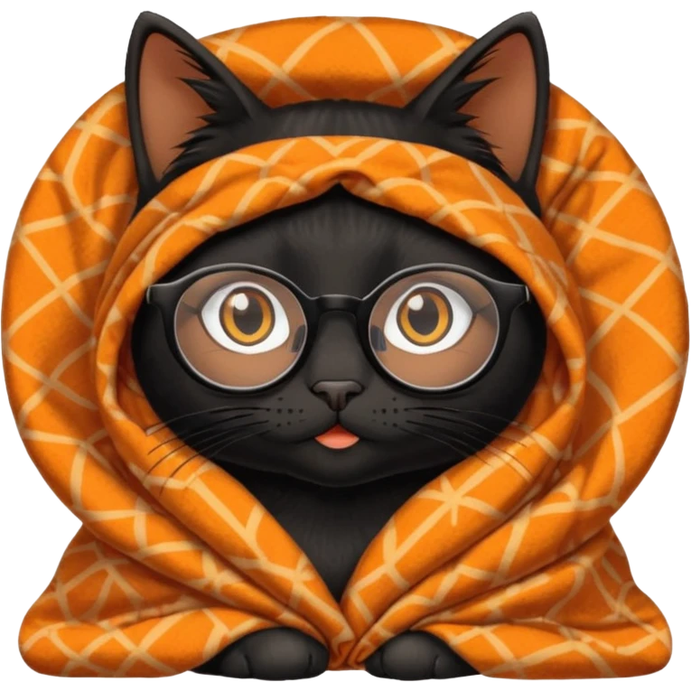 Black female cat on computer, long eyelashes, straight black hair, round glasses and she wears a blanket with an orange pattern emoji