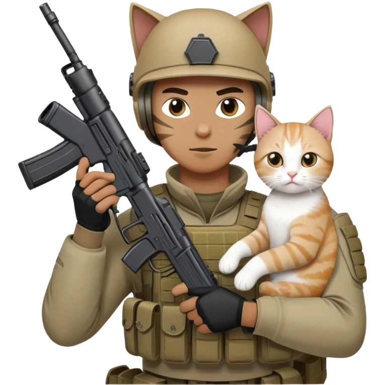 Man in tactical airsoft gear holding a gun in one hand and a white and brown cat in the other hand emoji