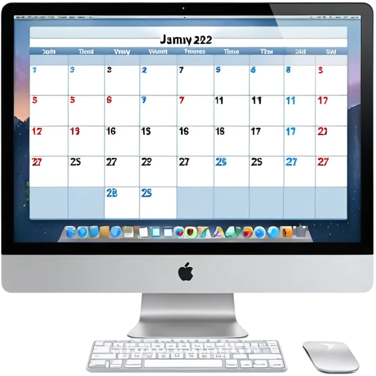 front view of an iMac with a day-calendar on the screen, vertical hours on the left, horizontal client slots, some slots visibly booked emoji