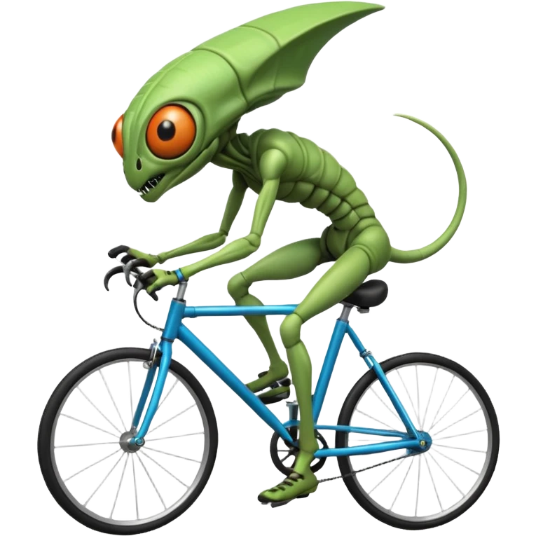 insectoid alien riding a bicycle, bug-like eyes, segmented limbs, strange but fun cycling pose, sci-fi creature vibe, 3D cartoon, mobile game icon style, clean background, no text, no watermark
 emoji
