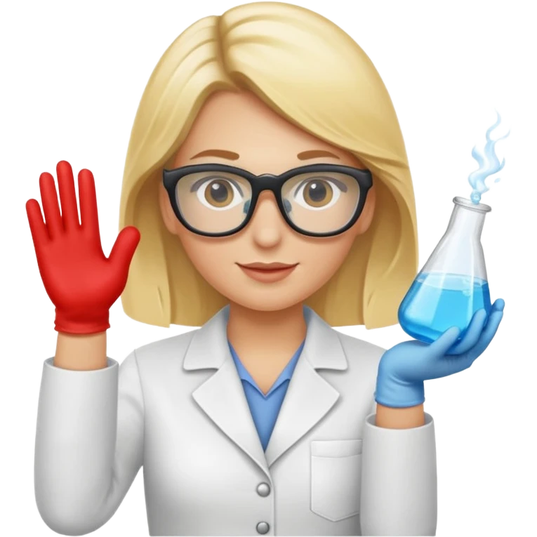 Eine hellblonde Chemikerin mit Kittel, Handschuhen, großer Labor-Sicherheitsbrille und typischem Erlmeyerkolben in der Hand, weißer Hintergrund emoji