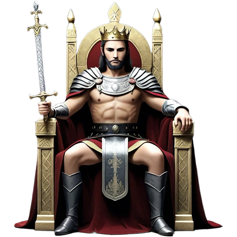 Un rey sentado en su trono con un enemigo arrodillado frente a él, recibiendo un título y una espada en señal de confianza. El enemigo, antes derrotado, ahora jura lealtad. En el fondo, los amigos del rey lo observan con desconfianza, incómodos con la situación. emoji