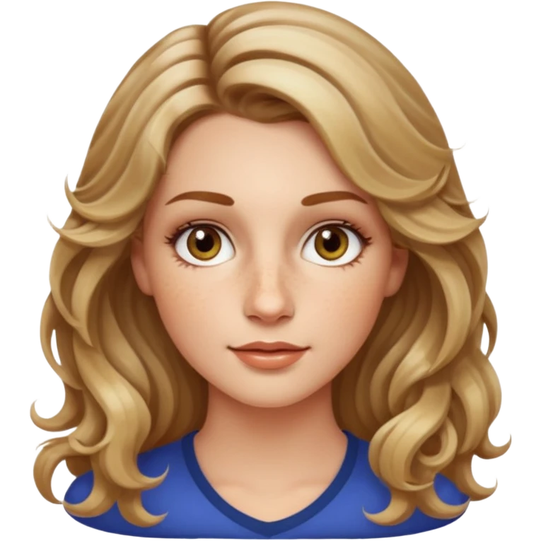 creative women with long dark Blond with highlights semi curly hair white women, oval shape face hazel eyes long lashes freckles on the nose high cheek bones emoji