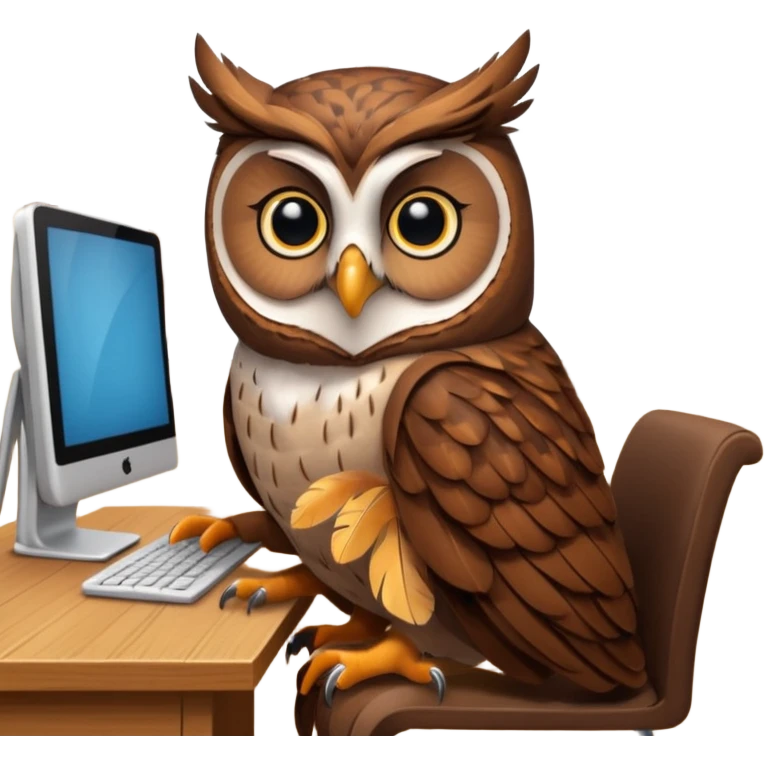 an owl working on computer in an appartement with  timber emoji