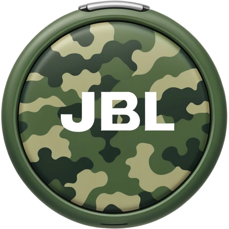 Most minimal JBL Clip 4 possible, flat circular design with clip, abstract green camo pattern, distinct JBL branding, iOS emoji style emoji