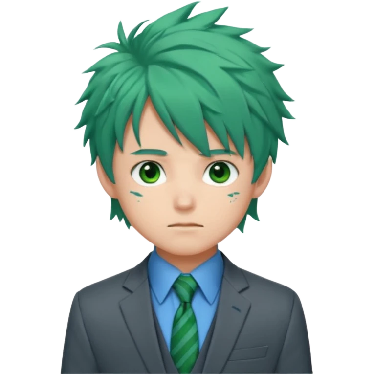 deku : boy anmie green hair green eyes in a ua gray jacket and blue tie suit with frenkles messy hair and black on the bangs emoji