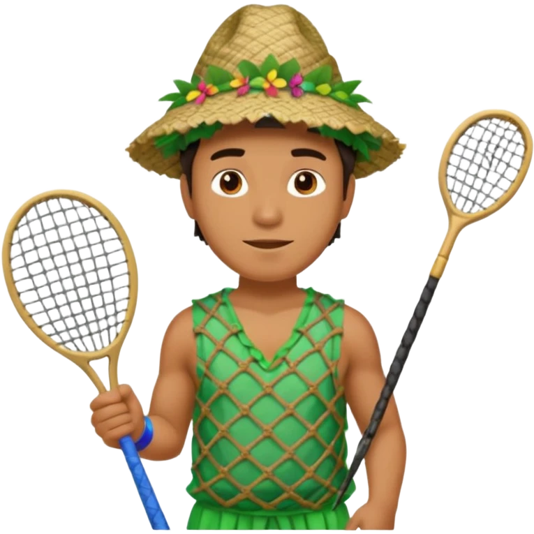 Hawaiian man with leaf hat and big net racket and colorful cloth emoji