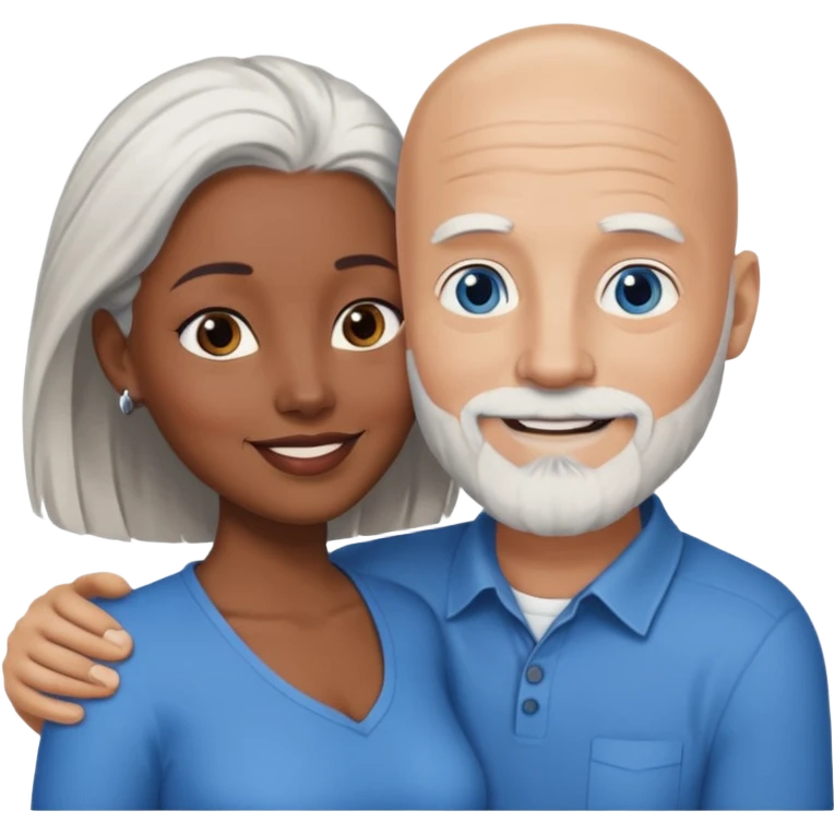 Talk bald white man with a white beard and blue eyes lovingly holding a black woman with brown eyes and grey hair emoji