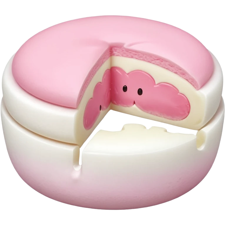 A soft round mochi cut in half, showing pink or red filling inside, white outer layer, smooth and pillowy texture, simple flat design, centered on transparent background. emoji
