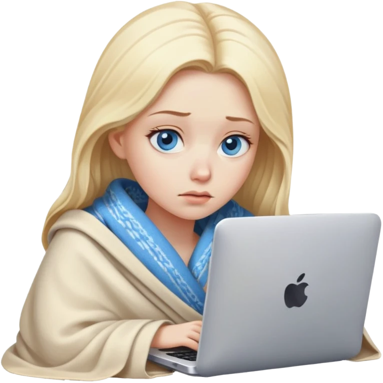 blonde woman with blue eyes and blonde hair Wrapped in a blanket looking at a computer with tired face  emoji
