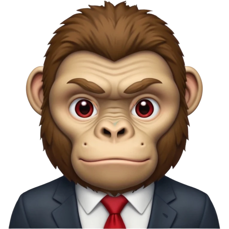 Brown haired cartoon gorilla with tufted fur on head, light skin tone deep eye socked darkening the skin around his eyes, heavy browridges contrasting it, and a red tie, he lives naked in the jungle  emoji
