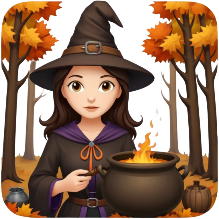 Pretty Brunette Witch in forest with trees changing colors  with cauldron during autumn  emoji
