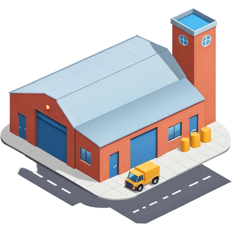 Single story warehouse building in isometric view with loading dock and roll-up door emoji