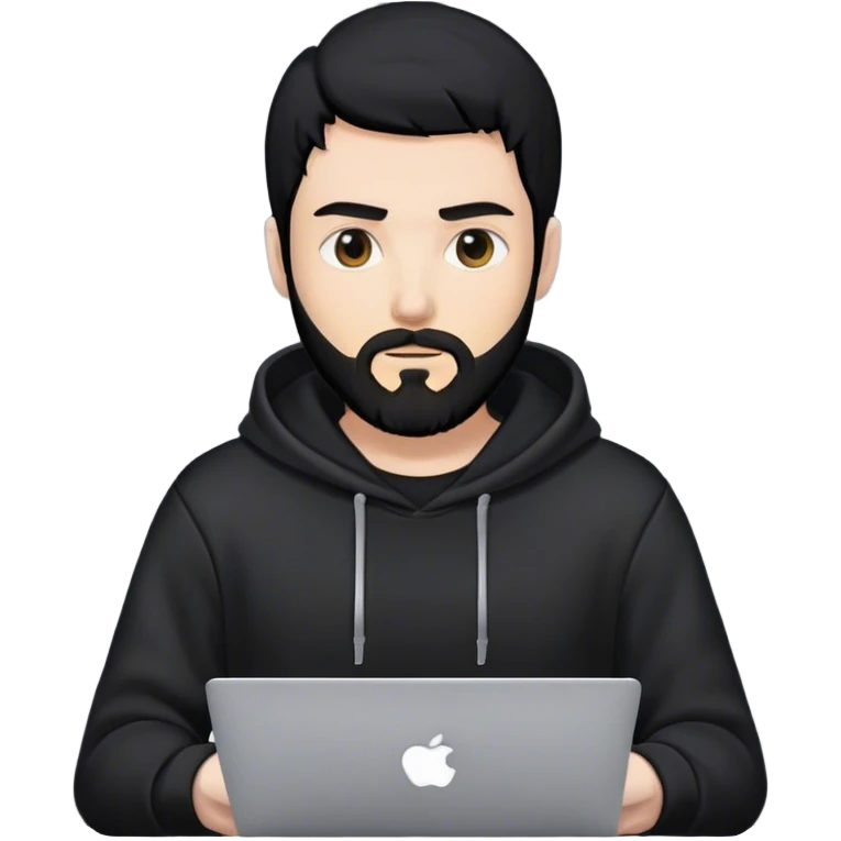 hackeur blanc cheveux noir barbe et capuche noir avec un macbook emoji