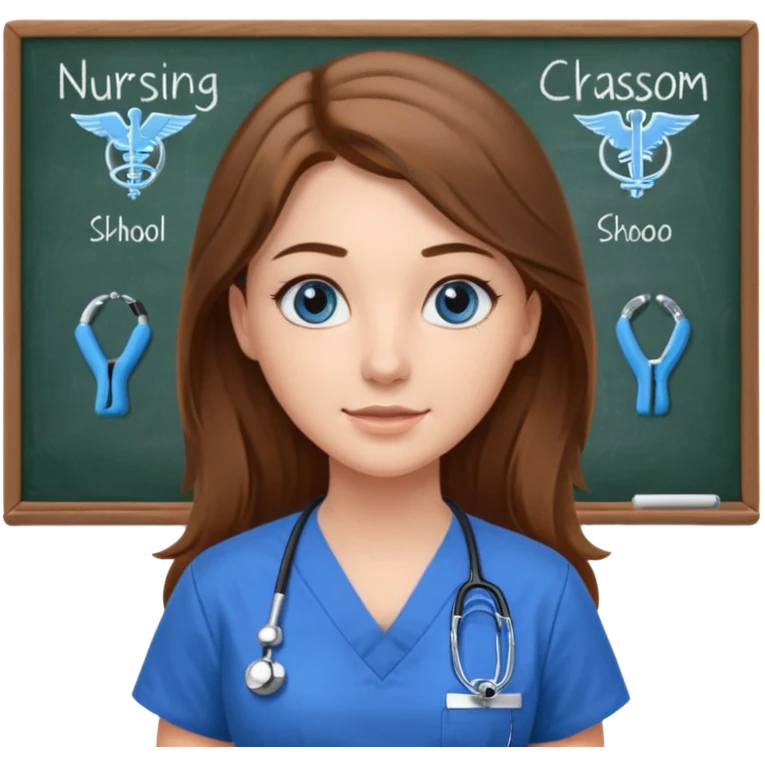 inside a classroom at university that says nursing school on the board with a pretty female nursing student with long brown hair, blue eyes emoji