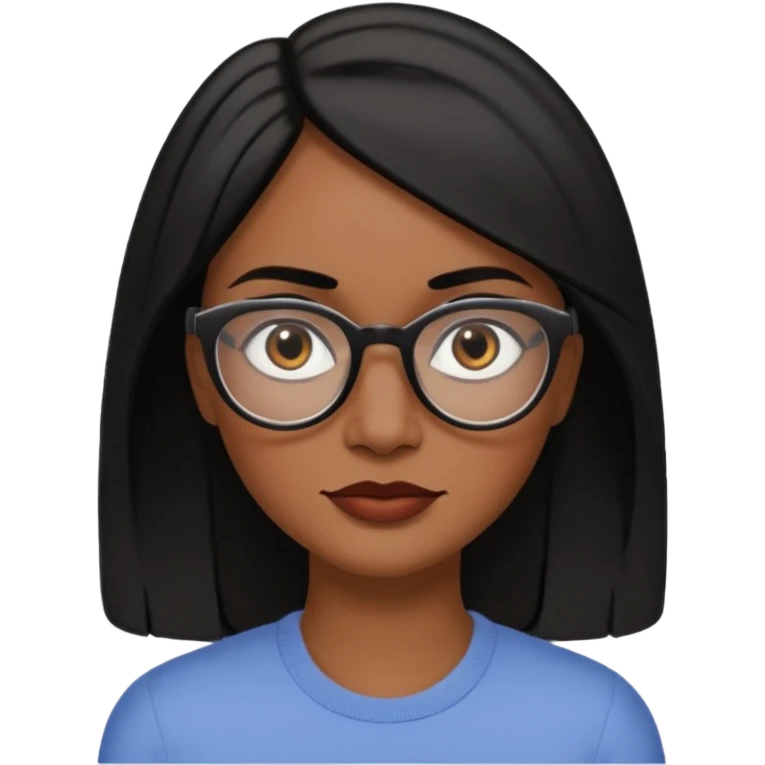 A 30 year woman emoji with medium-dark skin, straight shoulder-length black hair parted to the side, an oval-shaped face, arched dark eyebrows, large brown eyes with glasses, a small nose, and natural-toned lips. emoji