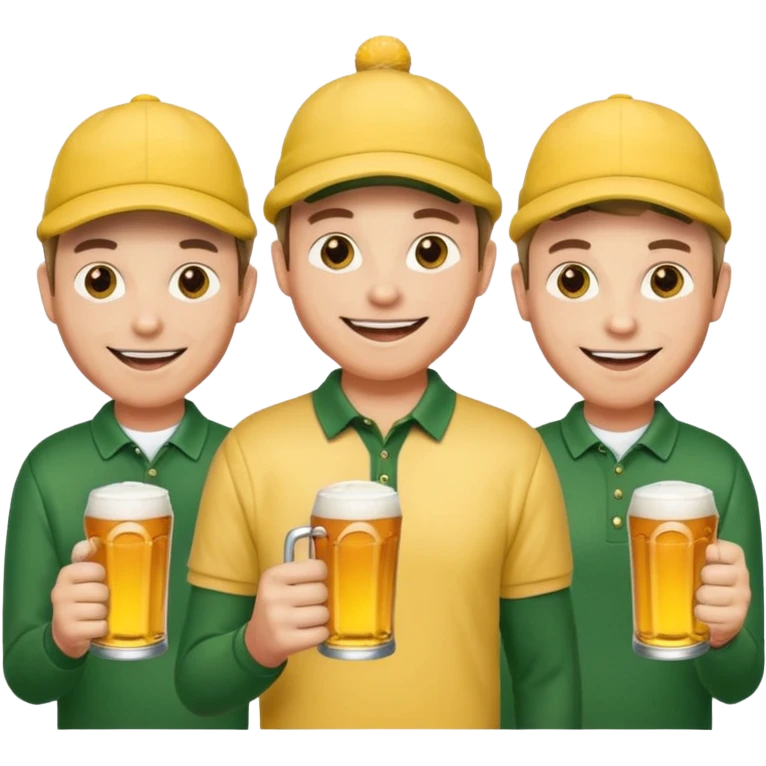 16 men on a golf trip wearing yellow golf caps all holding a beer can with a Xmas style label. Has to be 16 of them. emoji