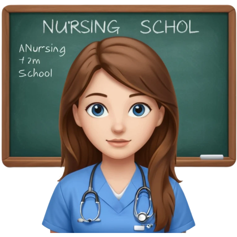 inside a classroom at university that says nursing school on the board with a pretty female nursing student with long brown hair, blue eyes emoji