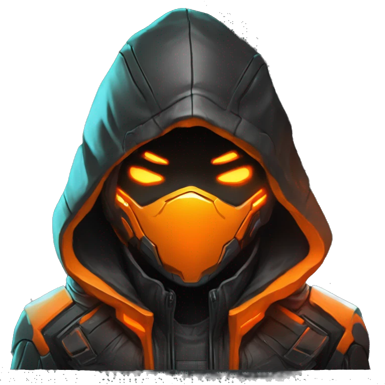  developer behind his laptop with this style : crysis Cyberpunk Valorant orange glowing bright orange character orange black hooded assassin themed character emoji