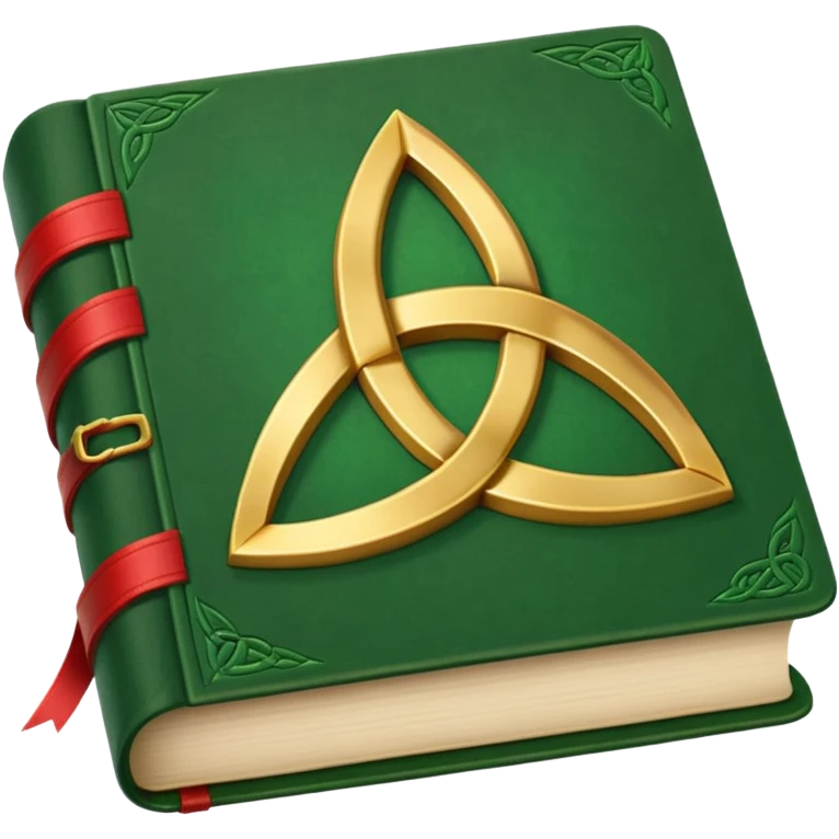 a green closed book with a golden triquetra on it with a red ribbon between the paged emoji