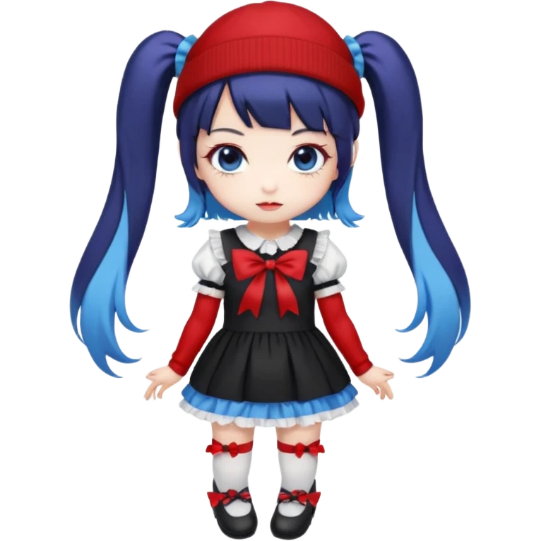 Chibi kawaii girl, violet eyes, black-blue twin tails, red ribbons, red beanie, black & white lolita dress with red accents, white thigh-highs, black mary janes, cute aesthetic. emoji