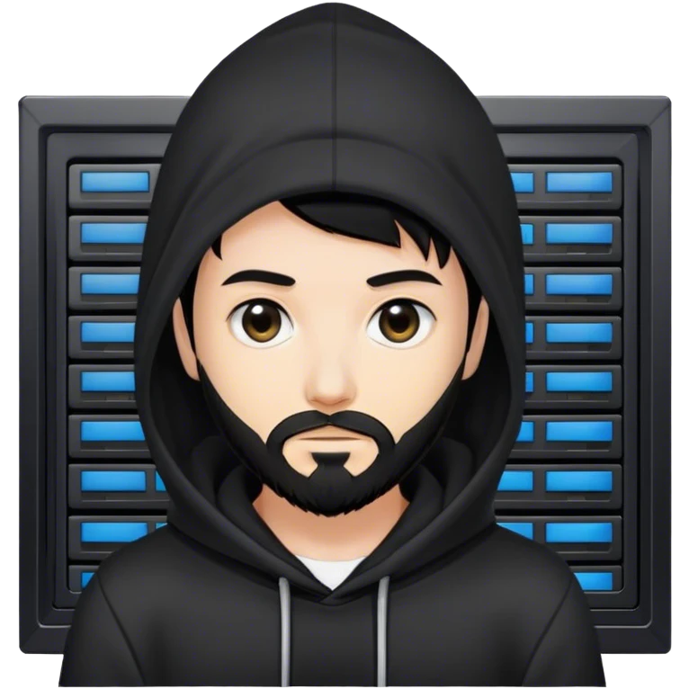 hackeur blanc cheveux noir barbe et capuche noir à côté d'un server ia emoji